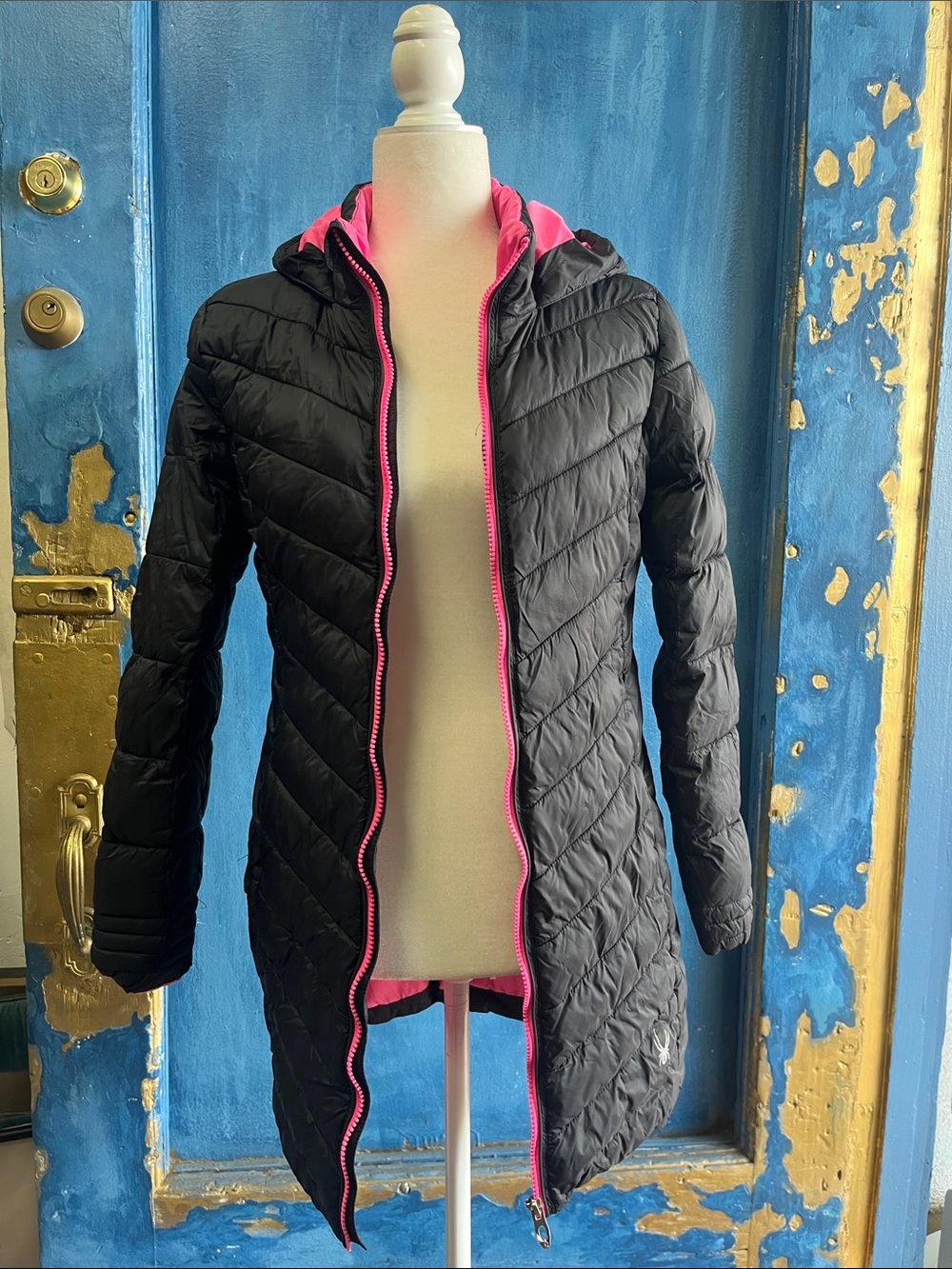 Spyder Black Hooded Quilted Puffer Coat with Pink Trim